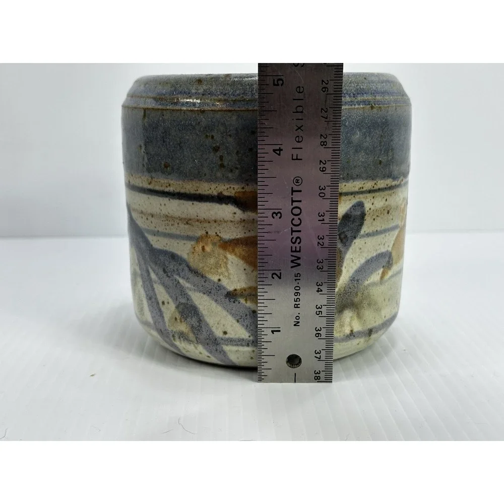 Vintage Art Studio Stoneware Pottery Vase‎ Planter Pot Blue Brown Flowers Signed